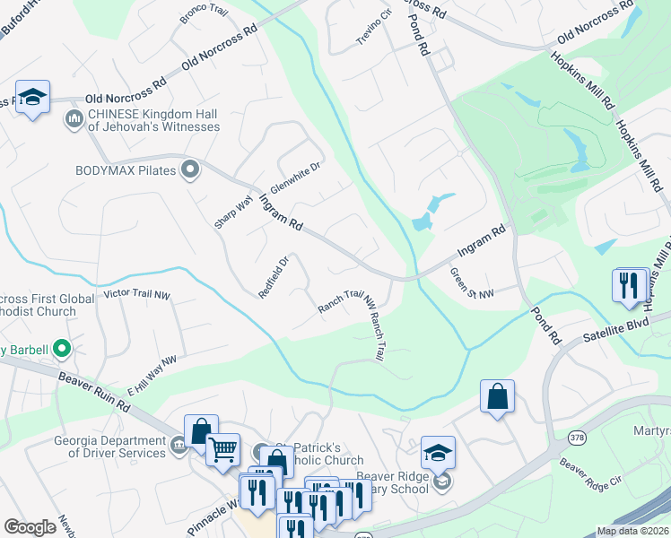 map of restaurants, bars, coffee shops, grocery stores, and more near 4985 Raquet Court in Duluth