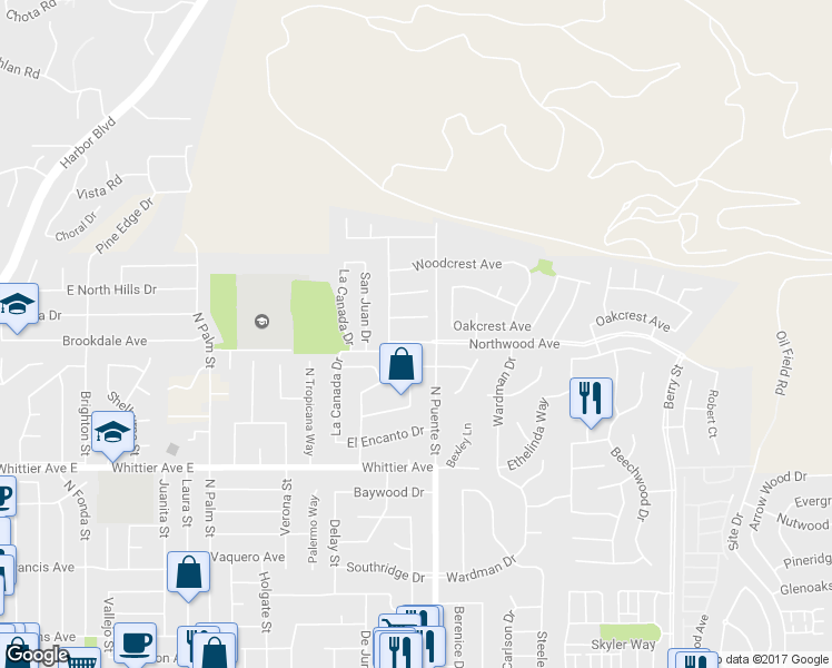 map of restaurants, bars, coffee shops, grocery stores, and more near 1260 Northwood Avenue in Brea