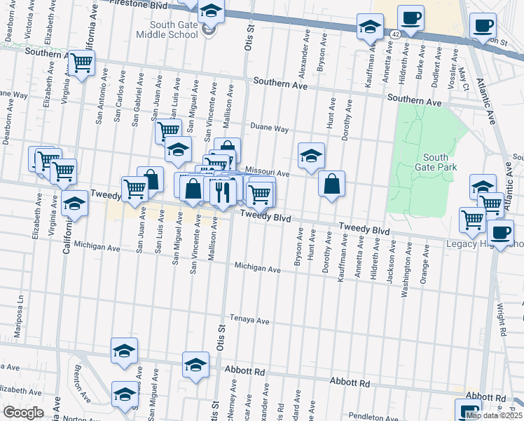 map of restaurants, bars, coffee shops, grocery stores, and more near 9840 Bowman Avenue in South Gate