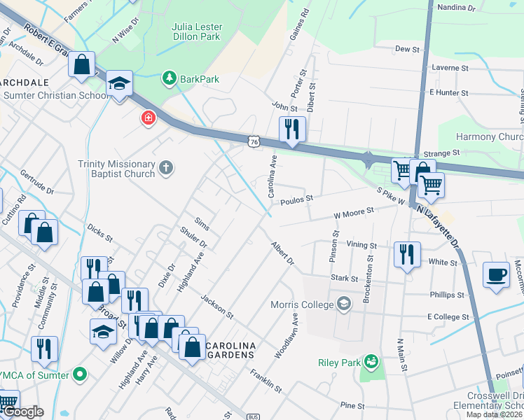 map of restaurants, bars, coffee shops, grocery stores, and more near 1 Short Street in Sumter