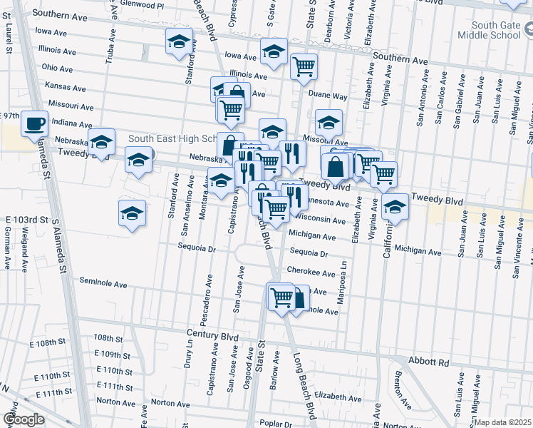 map of restaurants, bars, coffee shops, grocery stores, and more near 10112 Long Beach Boulevard in Lynwood