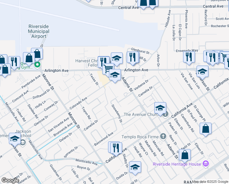 map of restaurants, bars, coffee shops, grocery stores, and more near 8398 Colorado Avenue in Riverside