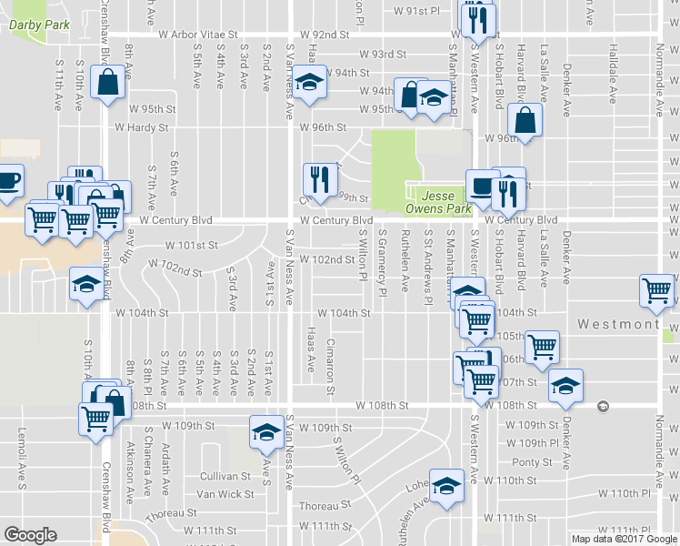 map of restaurants, bars, coffee shops, grocery stores, and more near 2059 West 103rd Street in Los Angeles