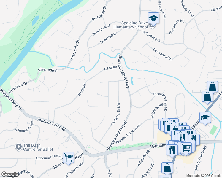 map of restaurants, bars, coffee shops, grocery stores, and more near 6895 Heathfield Drive Northwest in Atlanta