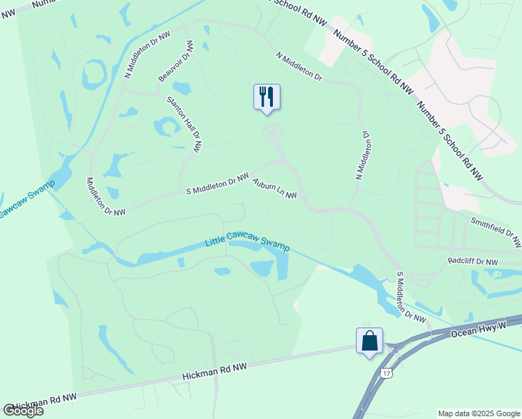 map of restaurants, bars, coffee shops, grocery stores, and more near 293 Ravennaside Drive Northwest in Calabash