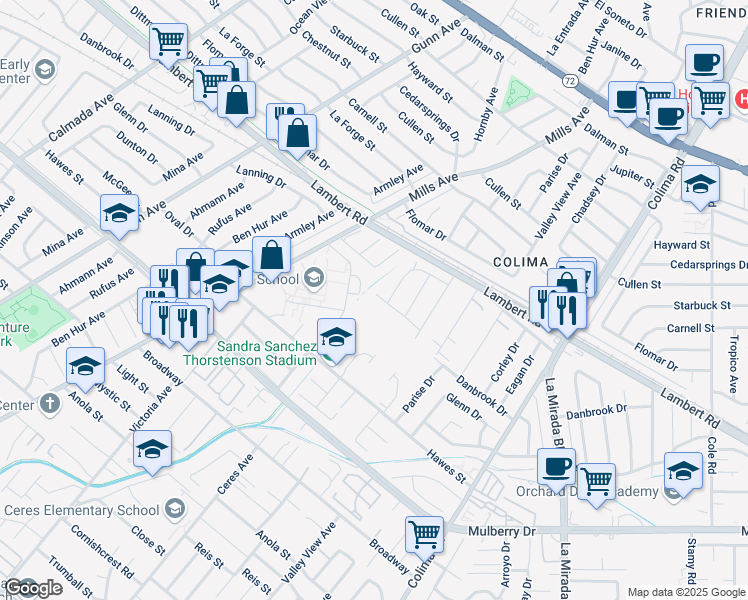 map of restaurants, bars, coffee shops, grocery stores, and more near 14602 Danbrook Drive in Whittier