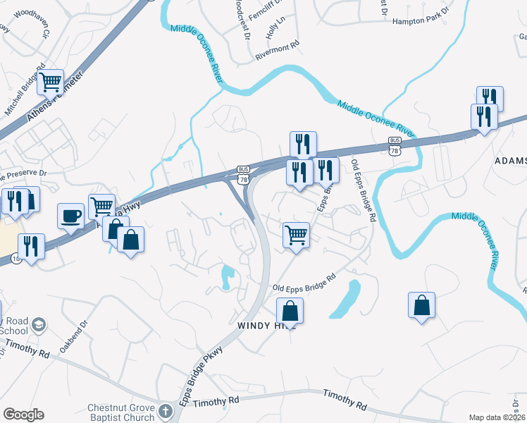 map of restaurants, bars, coffee shops, grocery stores, and more near 232 Epps Bridge Road in Athens