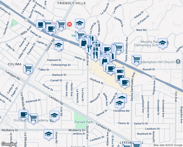 map of restaurants, bars, coffee shops, grocery stores, and more near 15315 Ashley Court in Whittier
