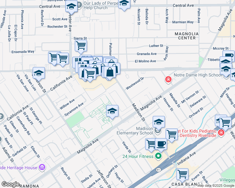 map of restaurants, bars, coffee shops, grocery stores, and more near 3958 San Marcos Avenue in Riverside