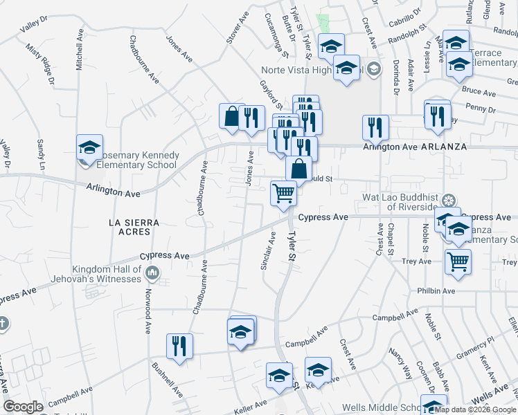 map of restaurants, bars, coffee shops, grocery stores, and more near 6066 Highpoint Drive in Riverside