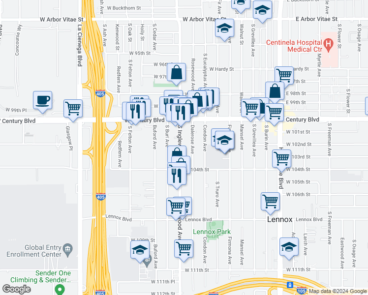 map of restaurants, bars, coffee shops, grocery stores, and more near 10205 Dalerose Avenue in Inglewood