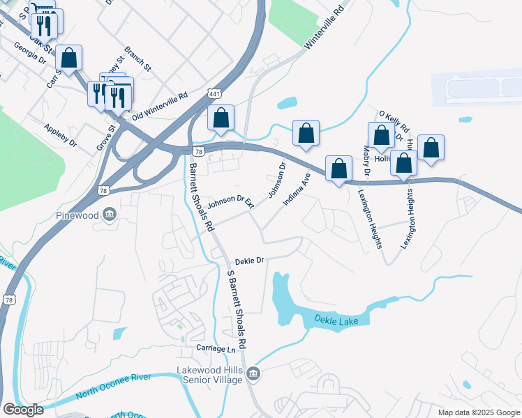 map of restaurants, bars, coffee shops, grocery stores, and more near 185 Johnson Drive in Athens