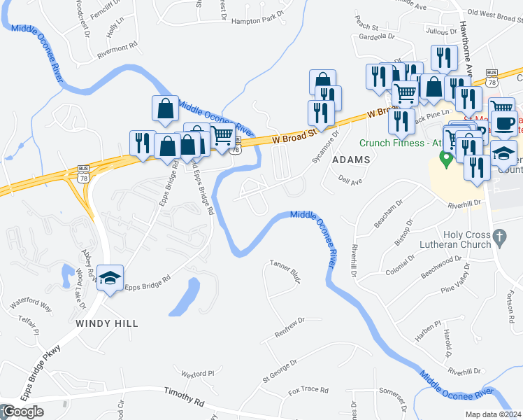 map of restaurants, bars, coffee shops, grocery stores, and more near 235 Sycamore Drive in Athens