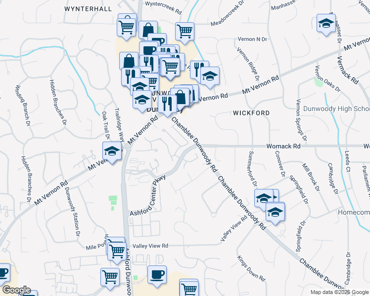 map of restaurants, bars, coffee shops, grocery stores, and more near 1302 Village Terrace Court in Dunwoody