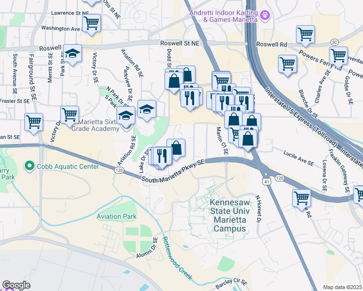 map of restaurants, bars, coffee shops, grocery stores, and more near 366 Lockheed Avenue Southeast in Marietta