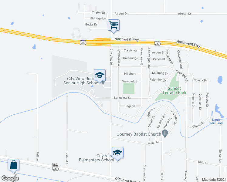 map of restaurants, bars, coffee shops, grocery stores, and more near 1609 City View Drive in Wichita Falls