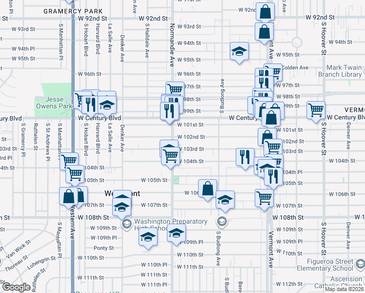 map of restaurants, bars, coffee shops, grocery stores, and more near 1335 West 103rd Street in Los Angeles