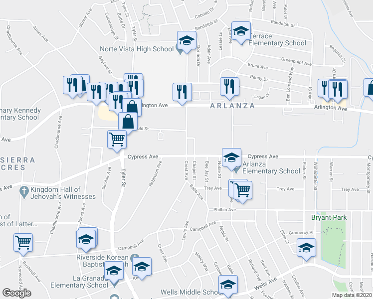 map of restaurants, bars, coffee shops, grocery stores, and more near 6053 Crest Avenue in Riverside