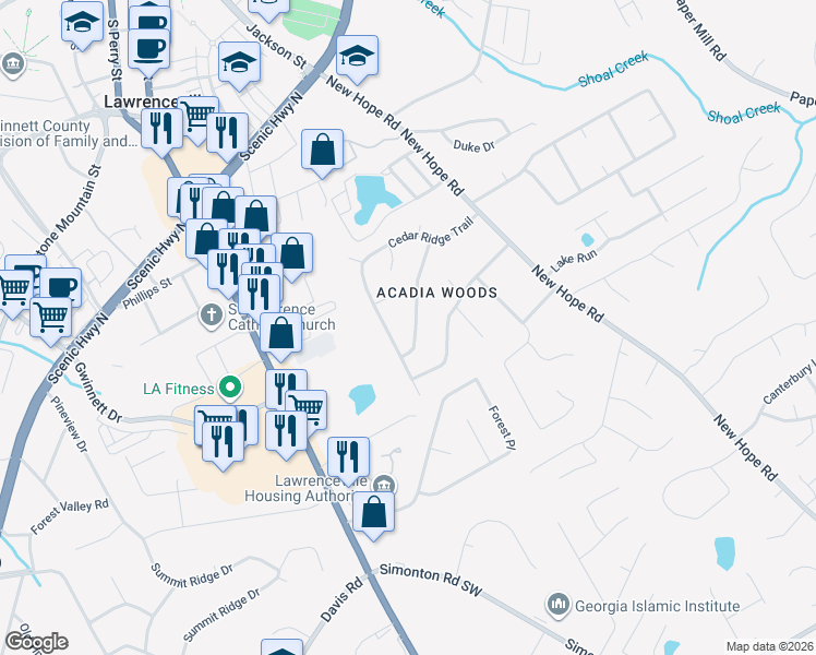 map of restaurants, bars, coffee shops, grocery stores, and more near 423 Hemlock Drive in Lawrenceville