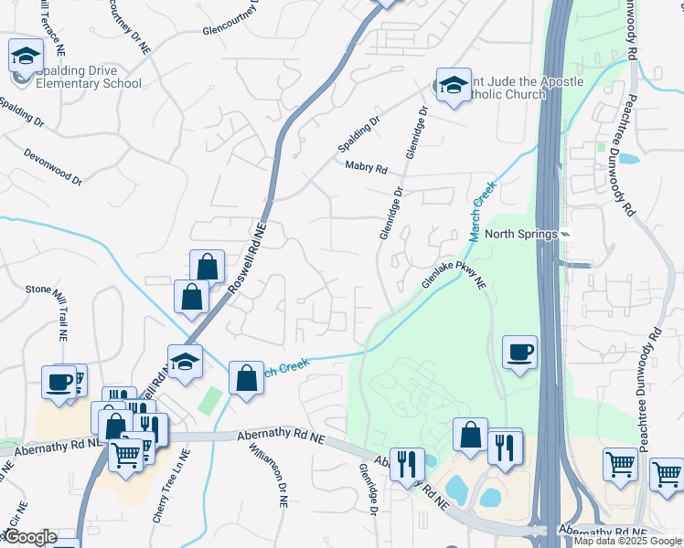 map of restaurants, bars, coffee shops, grocery stores, and more near 6923 Roswell Road in Sandy Springs