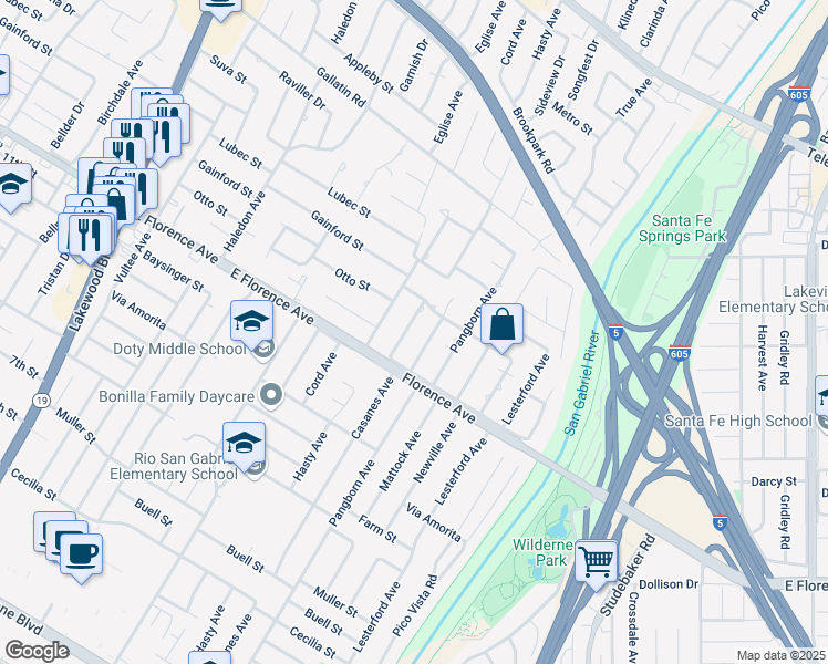 map of restaurants, bars, coffee shops, grocery stores, and more near 10009 Casanes Avenue in Downey
