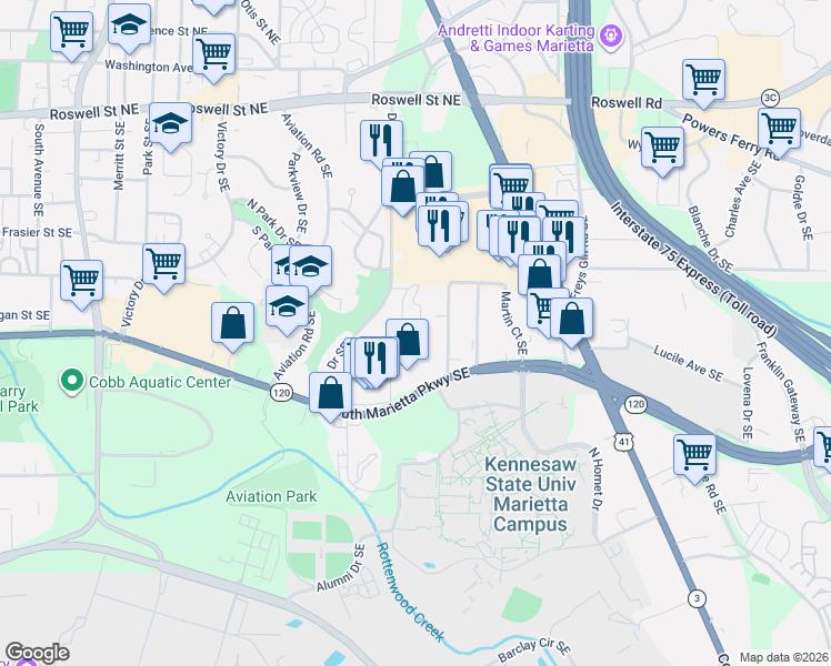 map of restaurants, bars, coffee shops, grocery stores, and more near 432 Williamson Street Southeast in Marietta