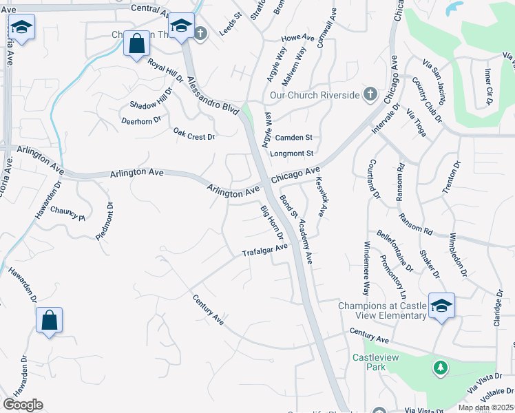 map of restaurants, bars, coffee shops, grocery stores, and more near 2158 Buckskin Place in Riverside