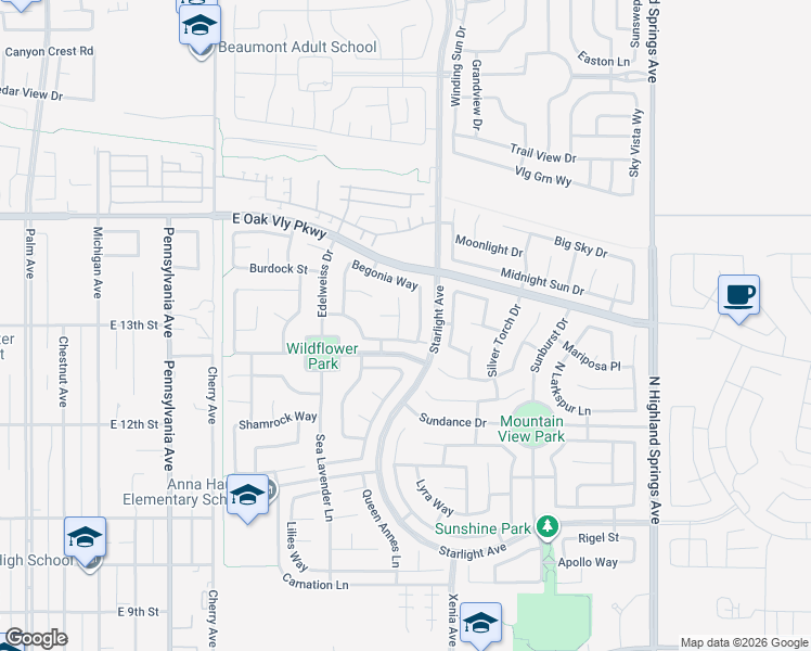 map of restaurants, bars, coffee shops, grocery stores, and more near 1320 Acanthus Lane in Beaumont