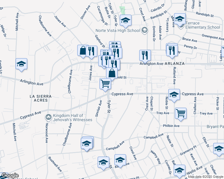map of restaurants, bars, coffee shops, grocery stores, and more near 6005 Tyler Street in Riverside