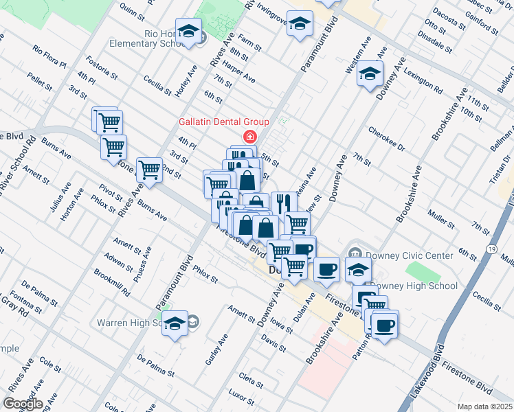 map of restaurants, bars, coffee shops, grocery stores, and more near 10981 Myrtle Street in Downey