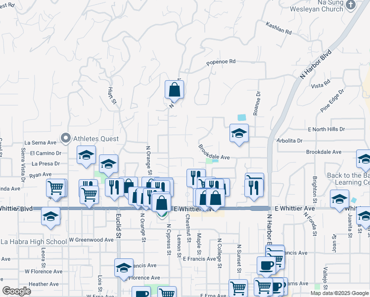 map of restaurants, bars, coffee shops, grocery stores, and more near 1192 Turndell Road in La Habra