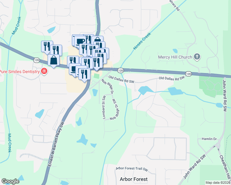 map of restaurants, bars, coffee shops, grocery stores, and more near 737 Nob Ridge Drive in Marietta