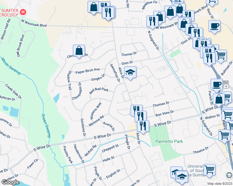 map of restaurants, bars, coffee shops, grocery stores, and more near 871 Bay Blossom Avenue in Sumter