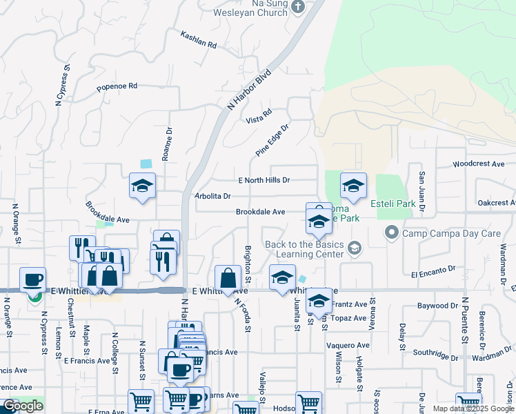 map of restaurants, bars, coffee shops, grocery stores, and more near 1621 Brookdale Avenue in La Habra
