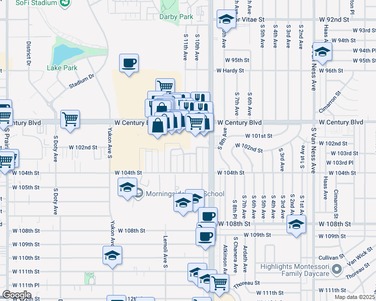 map of restaurants, bars, coffee shops, grocery stores, and more near 3213 Bartdon Avenue in Inglewood