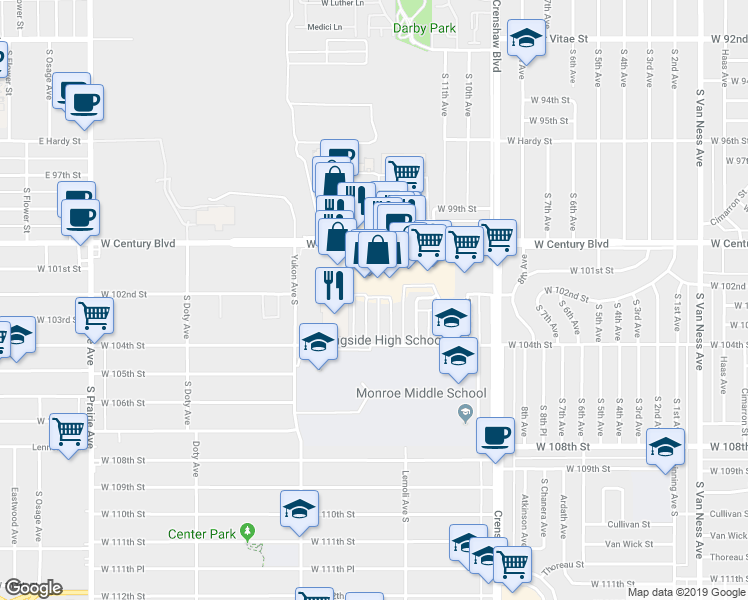 map of restaurants, bars, coffee shops, grocery stores, and more near 10202 Dixon Avenue South in Inglewood