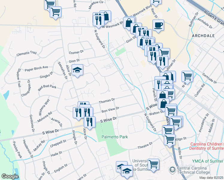 map of restaurants, bars, coffee shops, grocery stores, and more near 874 Grimble Court in Sumter