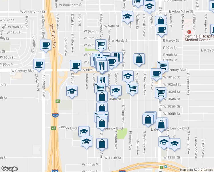 map of restaurants, bars, coffee shops, grocery stores, and more near 10205 Dalerose Avenue in Inglewood