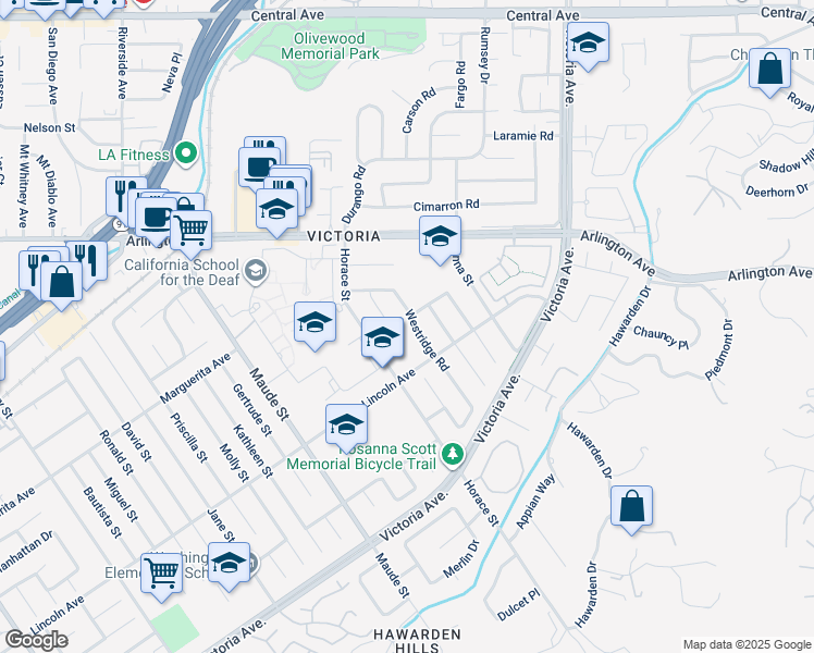 map of restaurants, bars, coffee shops, grocery stores, and more near 2966 Westridge Road in Riverside