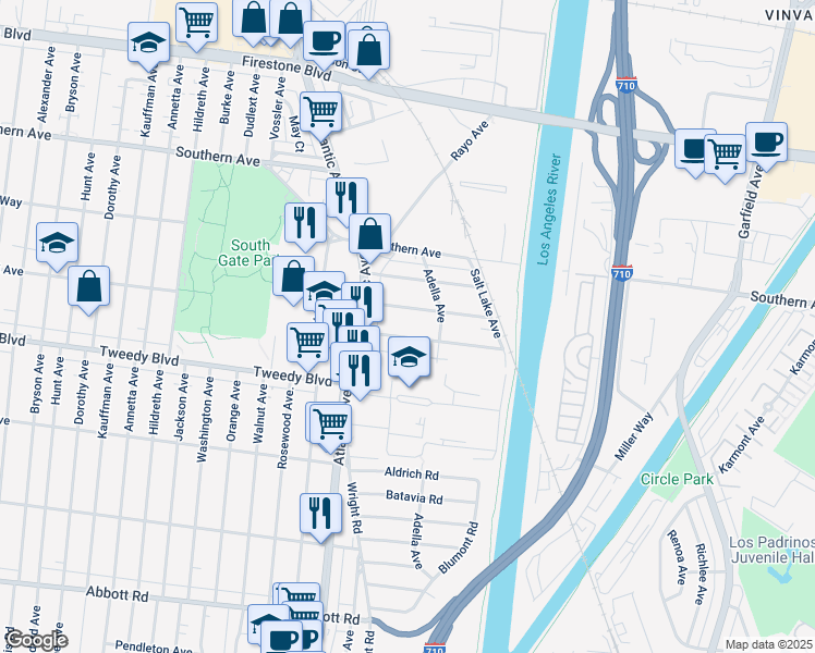map of restaurants, bars, coffee shops, grocery stores, and more near 5159 Wood Avenue in South Gate