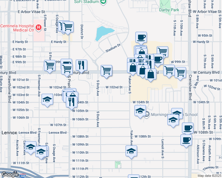 map of restaurants, bars, coffee shops, grocery stores, and more near 3710 West 102nd Street in Inglewood