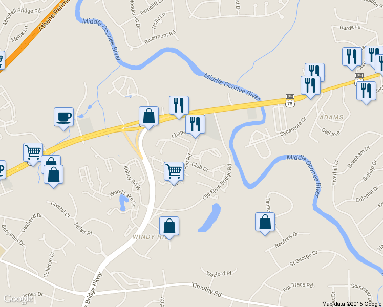 map of restaurants, bars, coffee shops, grocery stores, and more near 195 Epps Bridge Road in Athens