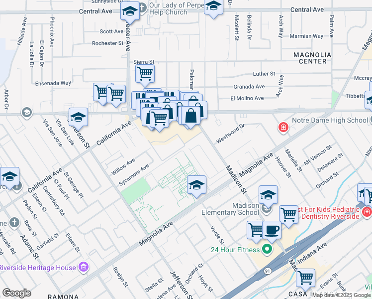 map of restaurants, bars, coffee shops, grocery stores, and more near 3988 San Mateo Avenue in Riverside