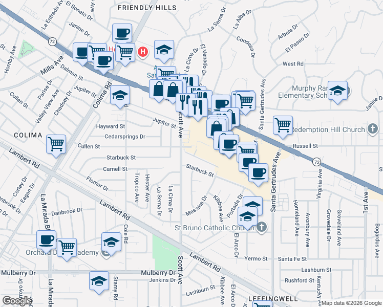 map of restaurants, bars, coffee shops, grocery stores, and more near 15323 Ashley Court in Whittier