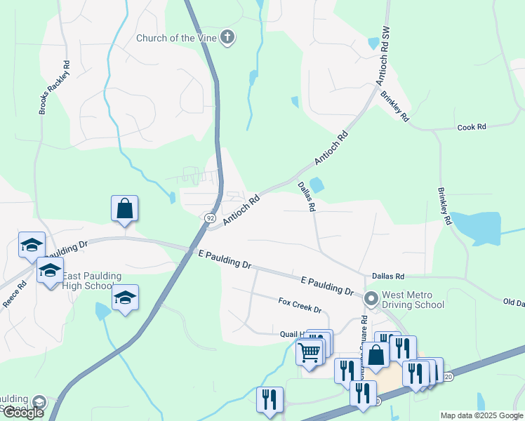 map of restaurants, bars, coffee shops, grocery stores, and more near 228 Antioch Road in Dallas