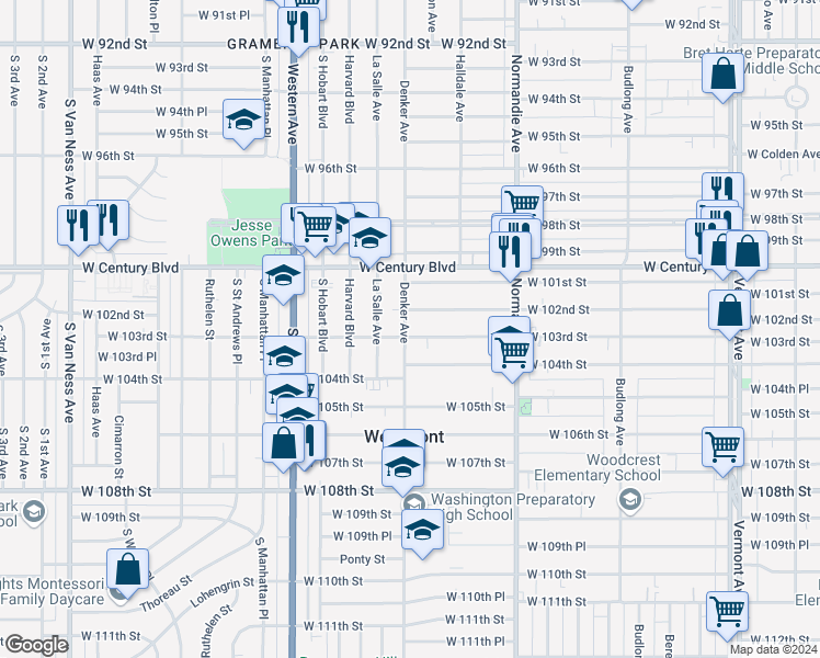 map of restaurants, bars, coffee shops, grocery stores, and more near 10216 South Denker Avenue in Los Angeles