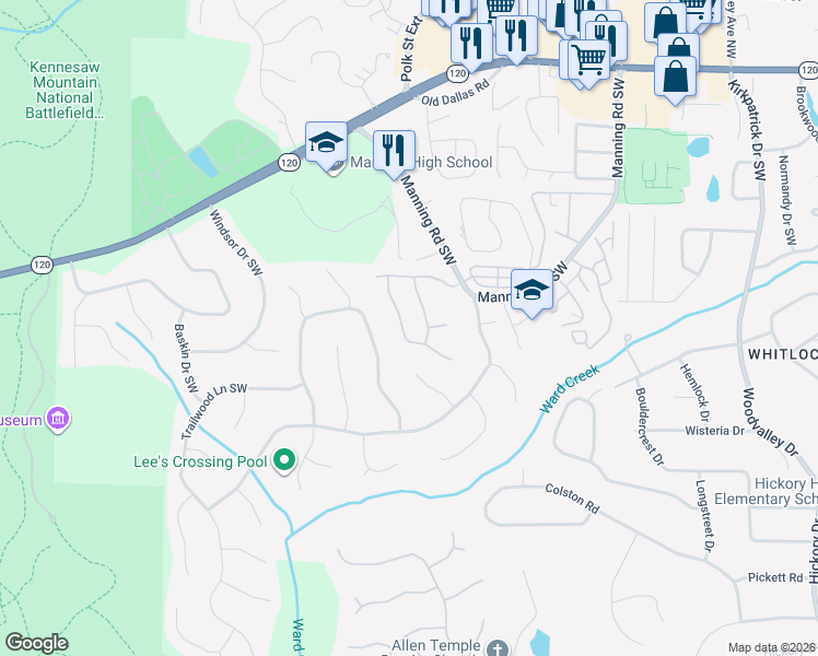 map of restaurants, bars, coffee shops, grocery stores, and more near 425 Rockford Pass Southwest in Marietta