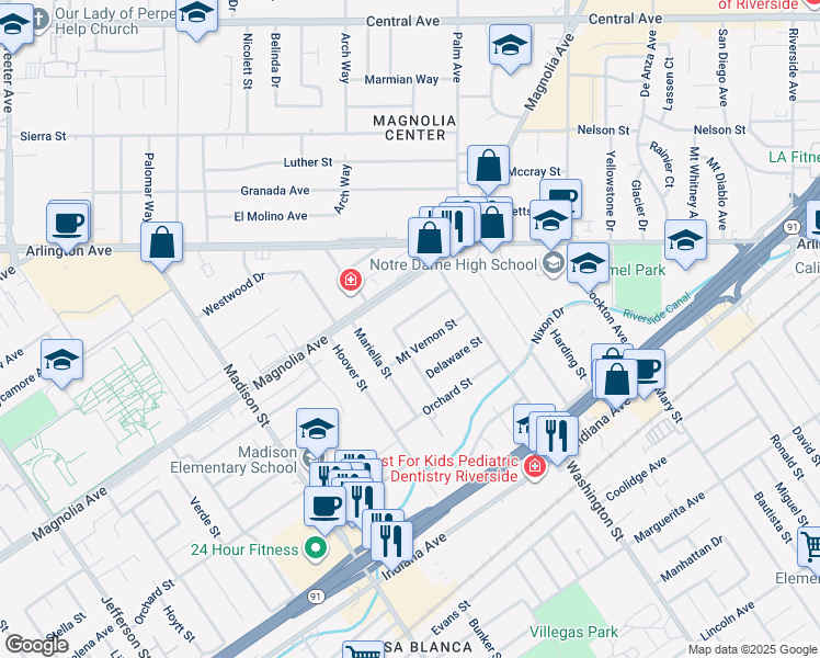 map of restaurants, bars, coffee shops, grocery stores, and more near 7225 Potomac Street in Riverside