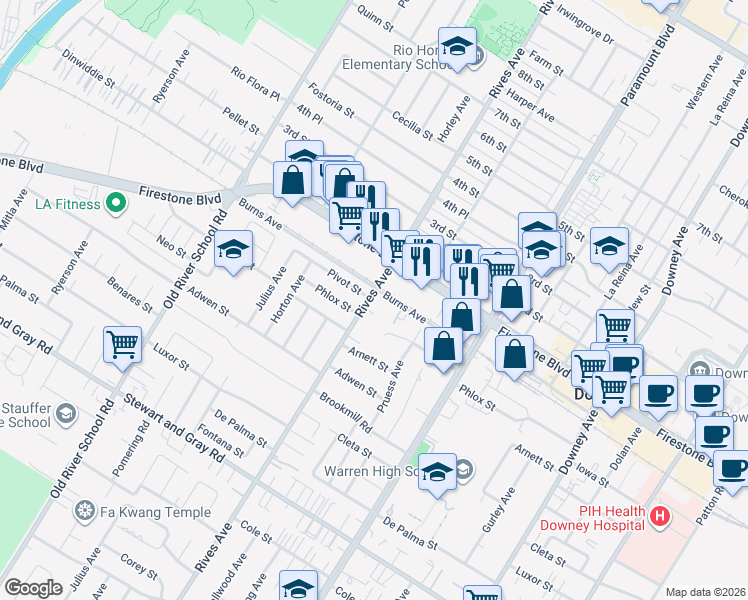 map of restaurants, bars, coffee shops, grocery stores, and more near 11412 Rives Avenue in Downey