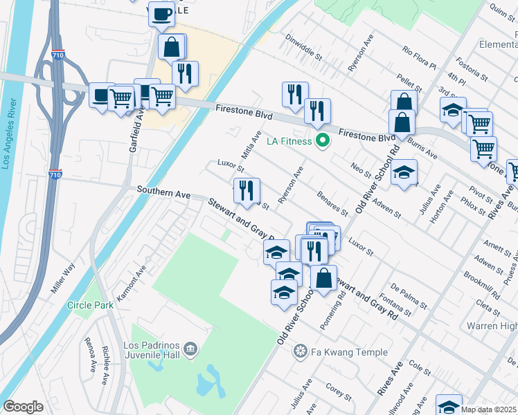 map of restaurants, bars, coffee shops, grocery stores, and more near 7160 De Palma Street in Downey